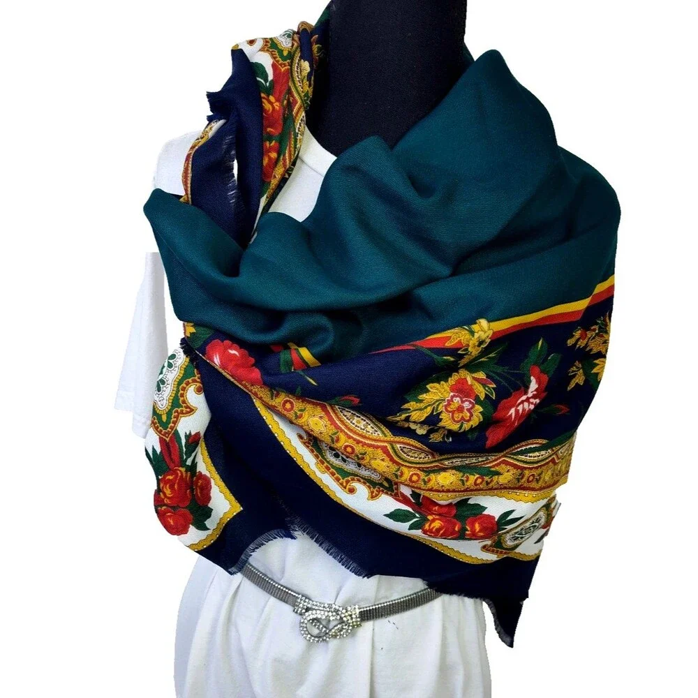 VTG Elaine Gold  Italy Scarf Shawl Blue Burgundy Green Floral Paisley 45”x45
